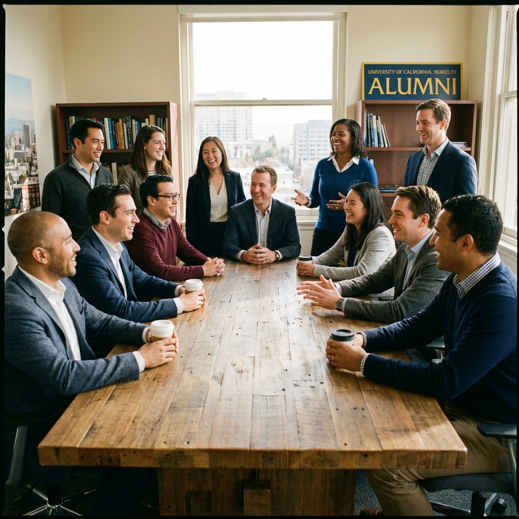 Alumni having conversation around conference room table
